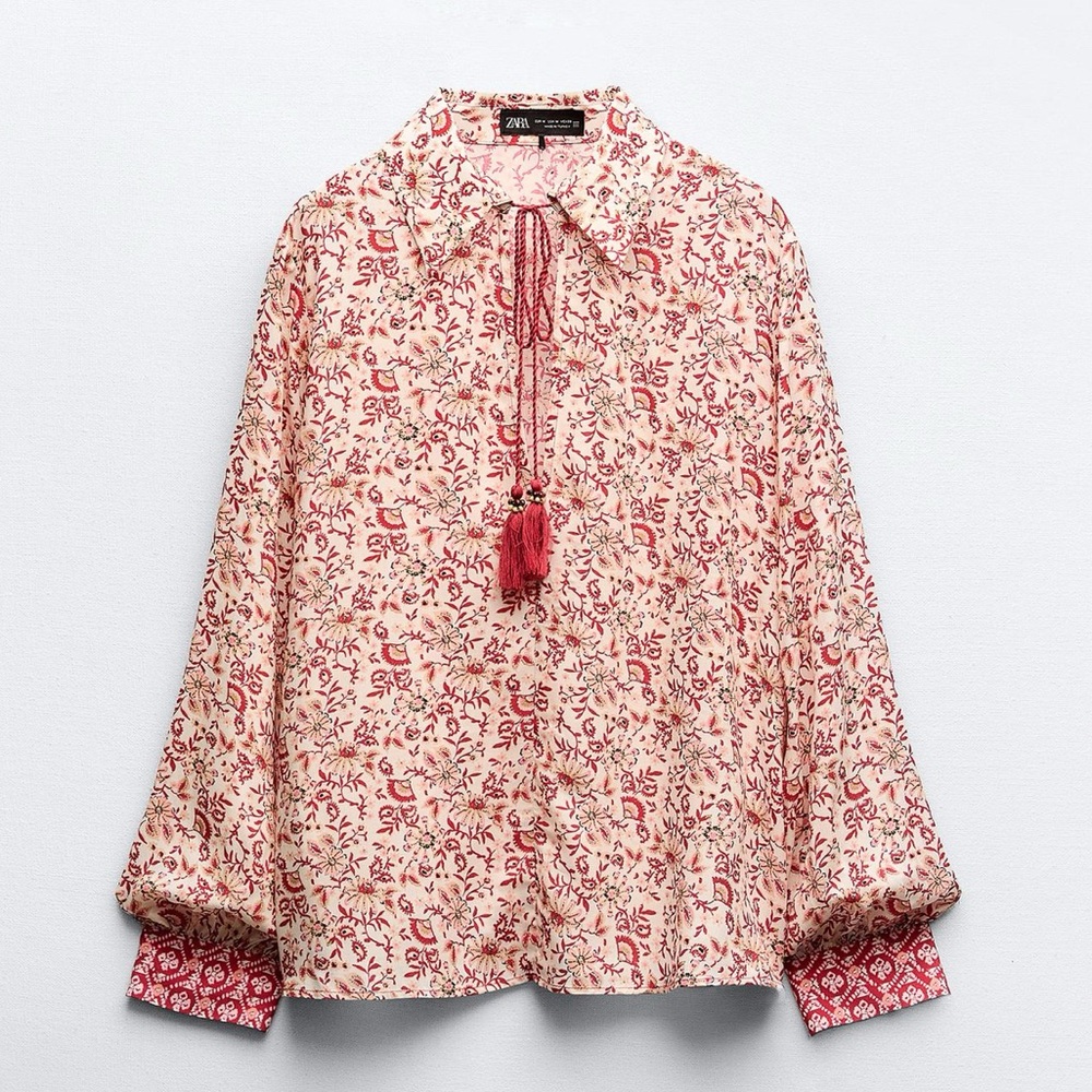 Zara Red and Cream Floral Tie-Neck Blouse